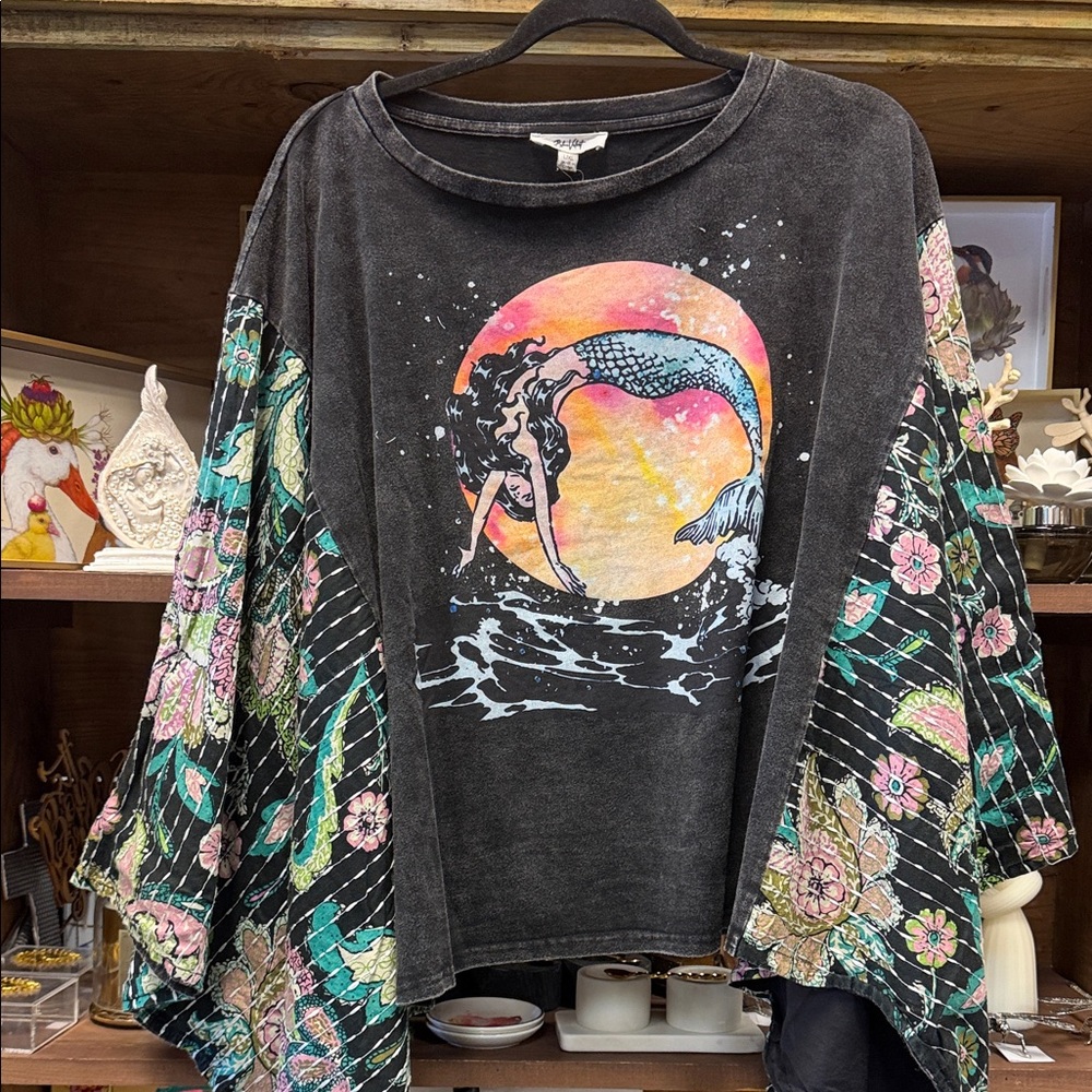 Blue Velvet Pullover with Colorful Mermaid Graphic
